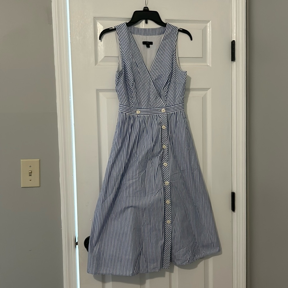 J Crew Blue & White Striped V-neck Button Down Dress Size 0